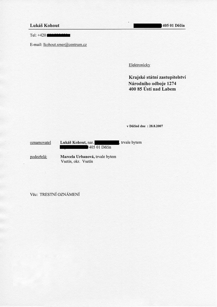 Trestní oznámení Kohouta na Urbanovou