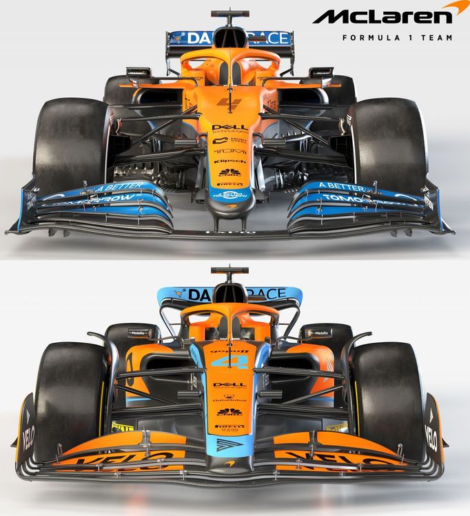 Porovnání monopostů F1 McLaren z roku 2021 (nahoře) a 2022