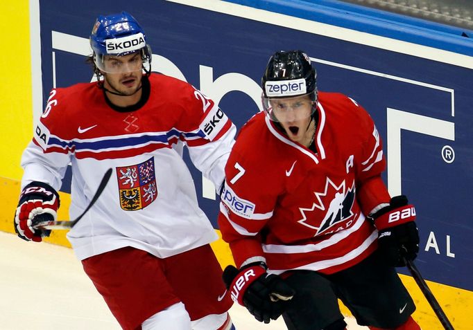 Canada's Kyle Turris (R) celebrates his goal next to Martin Zatovic of the Czech Republic (L) during the second period of their men's ice hockey World Championship group