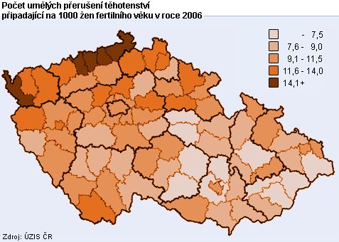 Počet umělých přerušení těhotenství připadající na 1000 žen fertilního věku v roce 2006