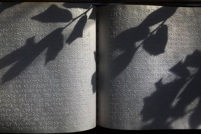 The shadow of a plant falls upon the pages of the Book of Genesis, written in Braille, as it sits in a hallway at the World Services for the Blind (WSB) in Little Rock, Arkansas January 8, 2013. The WSB is a rehabilitation center for the blind or visually impaired which offers life skills and career training programs designed to help those enrolled achieve sustainable independence. Picture taken on January 8, 2013. REUTERS/Gaia Squarci (UNITED STATES - Tags: HEALTH EDUCATION SOCIETY SCIENCE TECHNOLOGY RELIGION) Published: Dub. 26, 2013, 2:09 odp.