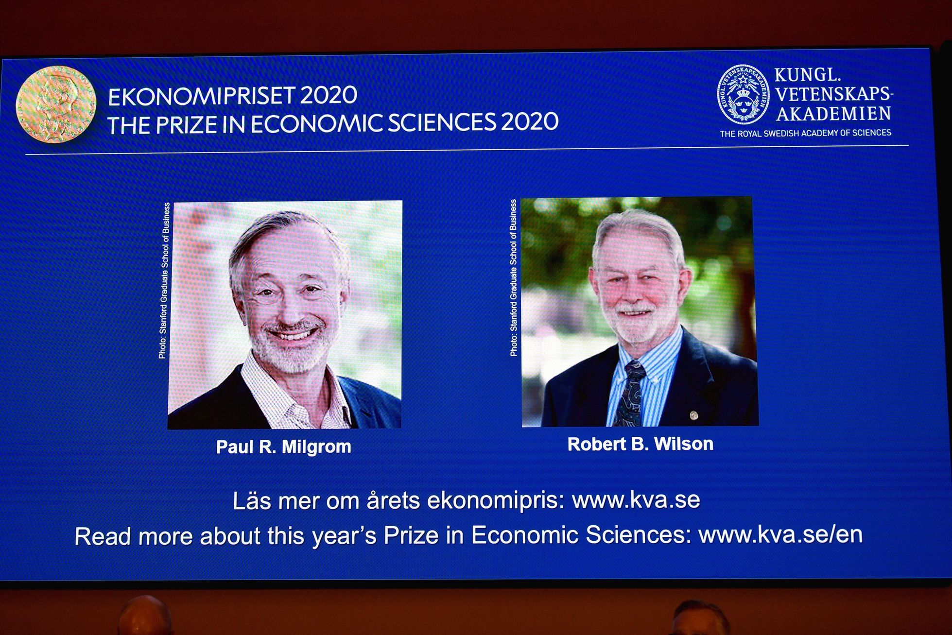 Vítězové Nobelovy ceny za ekonomii Paul Milgrom a Robert Wilson na snímcích