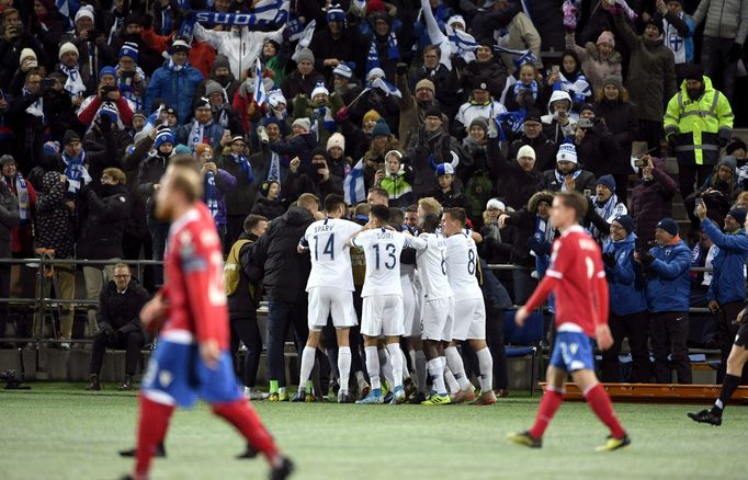 Soccer Football - Euro 2020 - Group J Qualification - Finland v Liechtenstein - Helsinki, Finland November 15, 2019. Finnish players celebrate the team's second goal. Leh