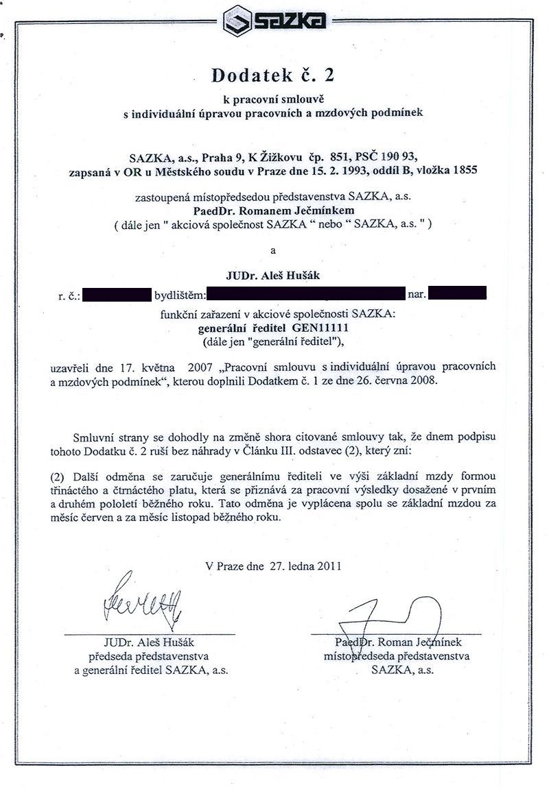 Pracovní smlouva generálního ředitele Sazky Aleše Hušáka