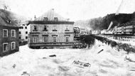 Povodně 1890, Karlovy Vary (fotomontáž).