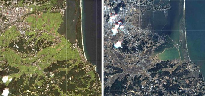 Pobřeží Japonska 5. září 2010 a 12. března 2011.