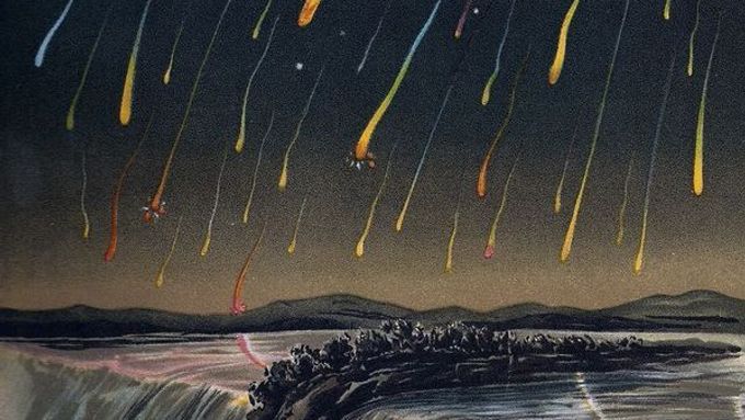 Meteorický roj Leonidy nakreslený v roce 1833 v Severní Americe.