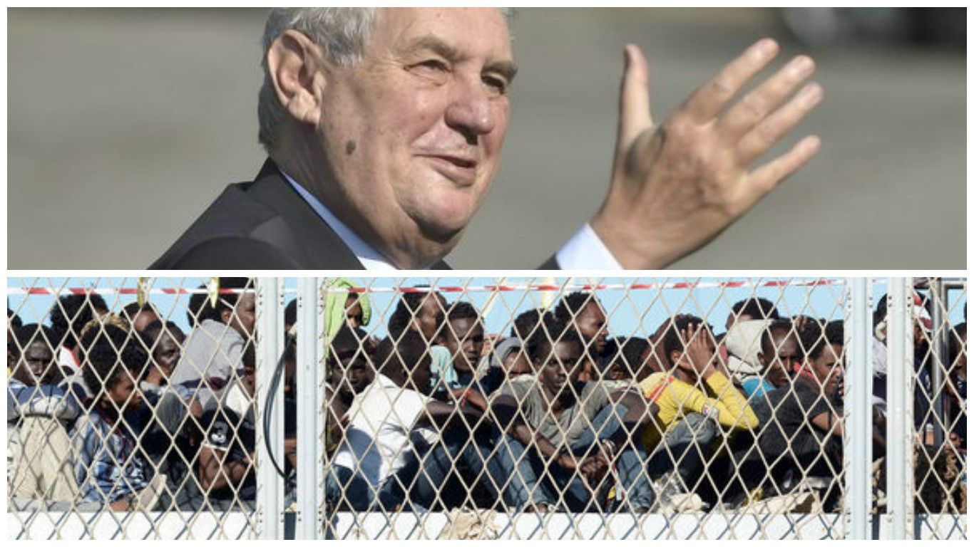 Miloš Zeman a uprchlíci (koláž)