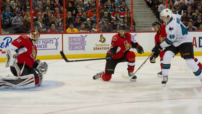 Tomáš Hertl dává gól v utkání Ottawa vs. San Jose.