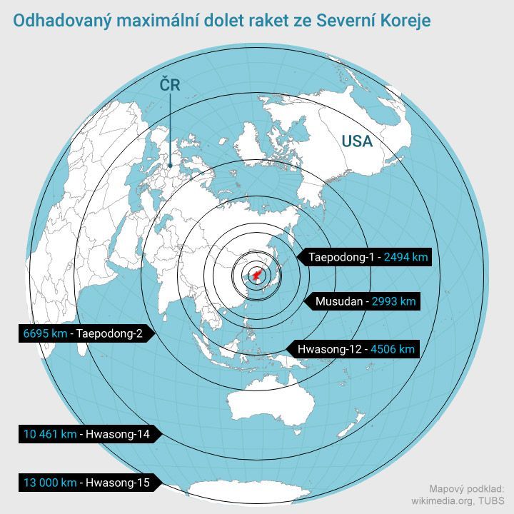 Odhadovaný maximální dolet raket ze Severní Koreje