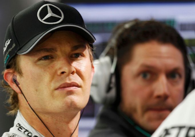 Mercedes Formula One driver Nico Rosberg of Germany looks on during the second practice session of the Bahrain F1 Grand Prix at the Bahrain International Circuit (BIC) in