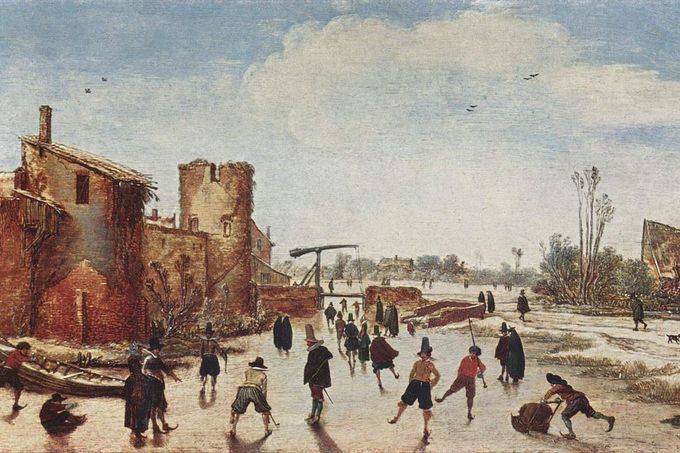 Zábava na ledě od holandského krajináře Esaiase van de Velde z ledna 1618.