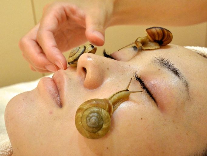 Snails crawls on the face of a woman for the demonstration of a new beauty treatment at the beauty salon "Ci:z.Labo" in Tokyo on July 13, 2013 as the salon will start the new service from July 15. "Slime from snails helps remove old cells, heal the skin after sun burn and moisturise it," said Manami Takamura, a beauty salon employee, as she placed three gastropods on a woman's face.