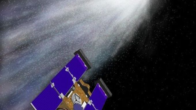 Sonda Stardust a kometa Wild 2, jak je vidí malíř NASA.