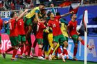 Portugalci slaví vítězný gól v zápase Eura 2024 Portugalsko - Česko