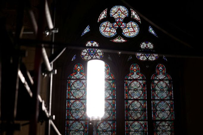 Scaffolding inside the nave of the Notre-Dame de Paris Cathedral, which was damaged in a devastating fire four years ago, as restoration works continue, in Paris, France,