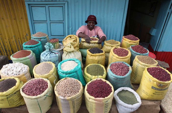 Žena připravuje obilí k prodeji v Kibeře, slumu v keňském hlavním městě Nairobi, 20. ledna 2012. Kibera je obrovské město tvořené chatrčemi, které takřka neumožňuje přístup k hygieně. Mnoho obyvatel, kterých jsou statisíce, je rozlíceno situací, kdy stoupá cena jídla, ale platy nikoliv. Mnoho z nich říká, že jejich rodiny již nemají šnaci se najíst. Jen několika málo se podaří v blízkém supermarketu nakoupit skromné porce jídla, pro většinu je to však nedosažitelné. REUTERS/Noor Khamis