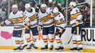 Jan 1, 2020; Dallas, TX, USA; Nashville Predators center Matt Duchene (95) celebrates with teammates after scoring a goal against the Dallas Stars during the first period