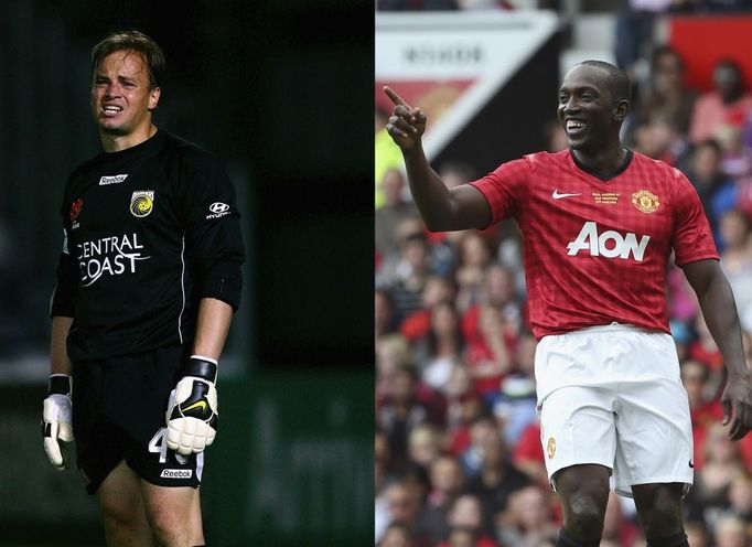 Dwight Yorke z Manchesteru (vpravo) a australský brankář Mark Bosnich (vlevo)