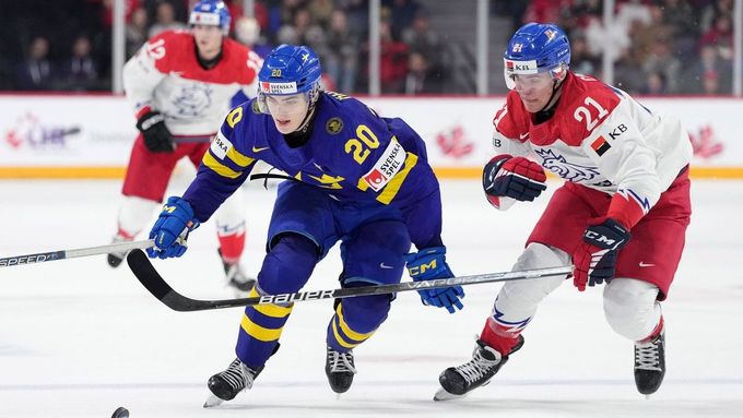 Čeští hokejisté v zápase se Švédskem.