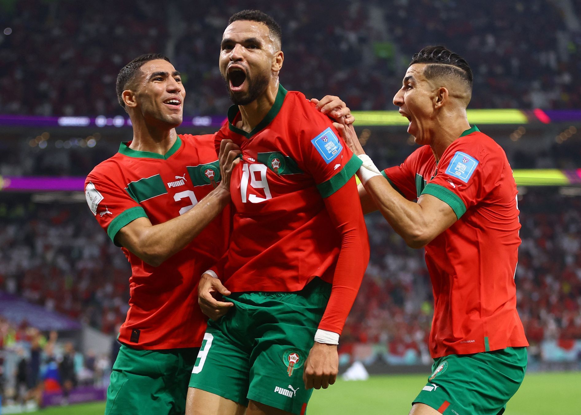 Maročané slaví gól ve čtvrtfinále MS 2022 Maroko - Portugalsko