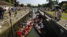 The Queen's Swan Uppers prepare to leave Shepperton Lock for the annual Swan Upping ceremony on the River Thames between Shepperton and Windsor in southern England Engla