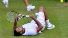 Francouzský tenista Jo-Wilfried Tsonga se raduje z vítězství nad Němcem Philippem Kohlschreiberem ve čtvrtfinále Wimbledonu 2012.