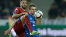 Czech Republic's Tomas Sivok challenges Iceland's Jon Dadi Bodvarsson (R) during their Euro 2016 Group A qualifying soccer match at the Doosan Arena in Plzen November 16,