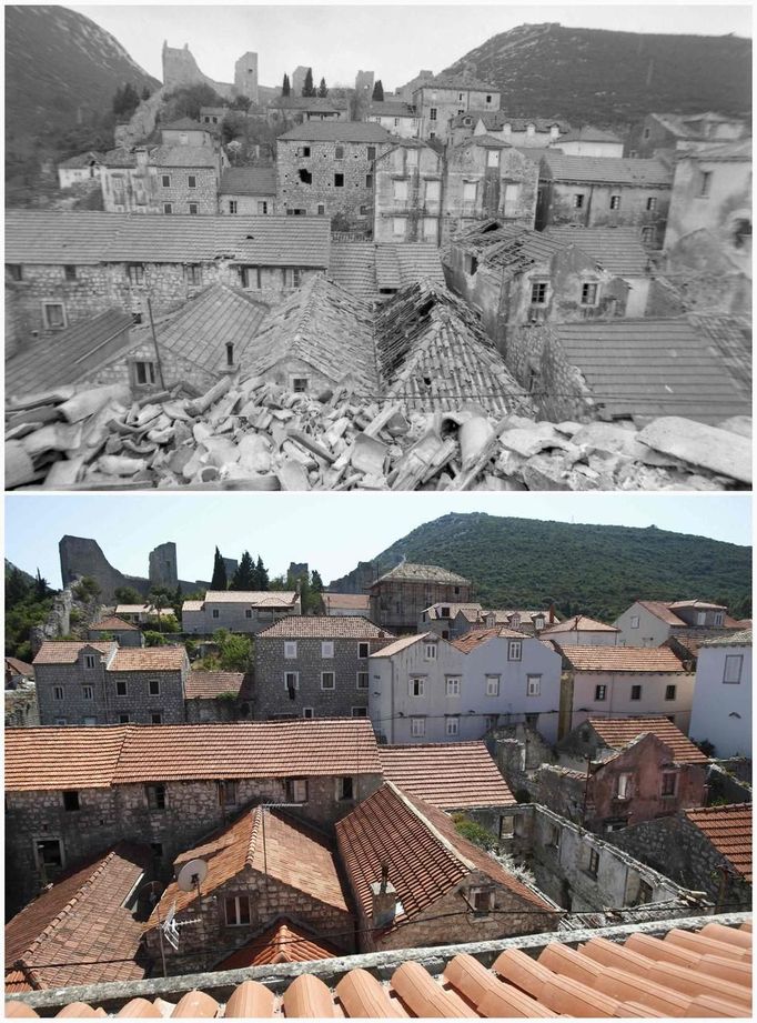 A combination picture shows the old town of Mali Ston in 1991 (top) and the same area, rebuilt, in 2012 in Dubrovnik. The city of Dubrovnik was severely damaged due to shelling by Serb-dominated Yugoslav troops during Croatia's 1991-95 war of independence. REUTERS/Antonio Bronic (CROATIA - Tags: CIVIL UNREST CONFLICT) Published: Čec. 31, 2012, 4:09 odp.