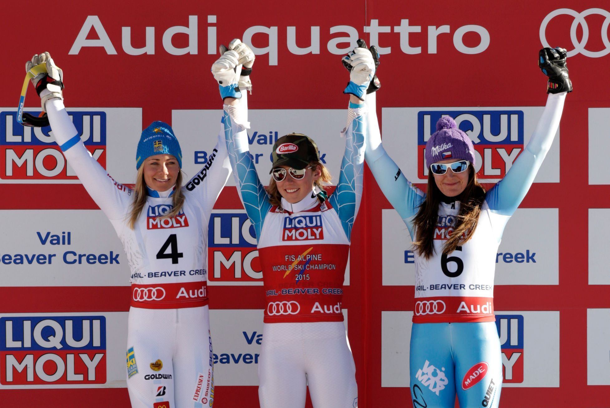 MS 2015, slalom: Frida Hansdotterová, Mikaela Shiffrinová a Šárka Strachová