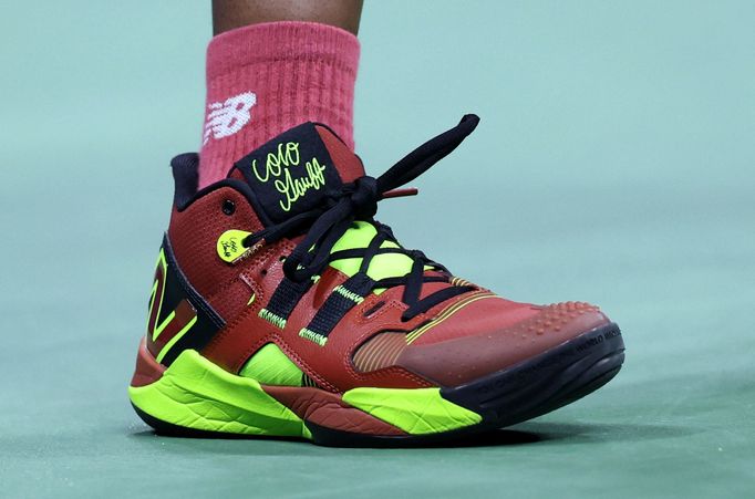 Tennis - U.S. Open - Flushing Meadows, New York, United States - August 28, 2023 The shoe of Coco Gauff of the U.S. during her first round match against Germany's Laura S