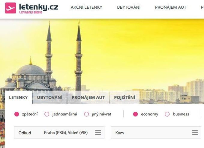 Screenshot webové stránky Letenky.cz. Ilustrační foto