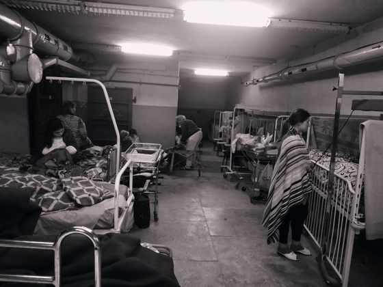 A hospital in Chernihiv, where mothers with newborn babies stay in an underground shelter.