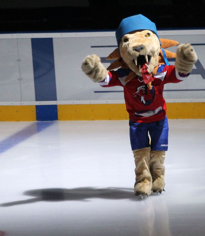 Hokejový maskot v utkání KHL 2012/13 mezi Lvem Praha s Dinamem Riga .