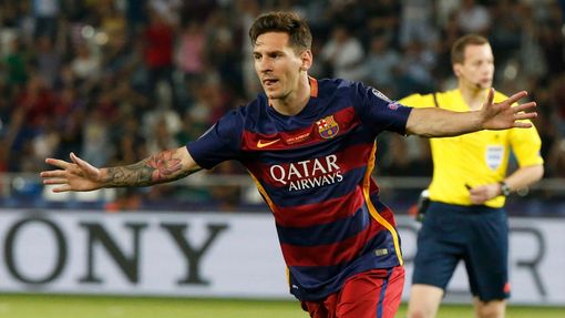 Evropský superpohár, Barcelona-Sevilla: Lionel Messi (Barcelona) slaví gól