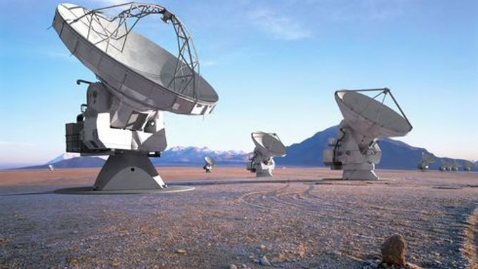 Tak by měla vypadat soustava propojených radioteleskopů ALMA (fotomontáž).