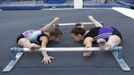 Argentines gymnasts Valeria Pereyra and Aldana Vaquie attend a training session at the Cenard Sports Complex in Buenos Aires