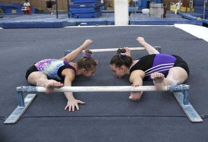 Argentines gymnasts Valeria Pereyra and Aldana Vaquie attend a training session at the Cenard Sports Complex in Buenos Aires