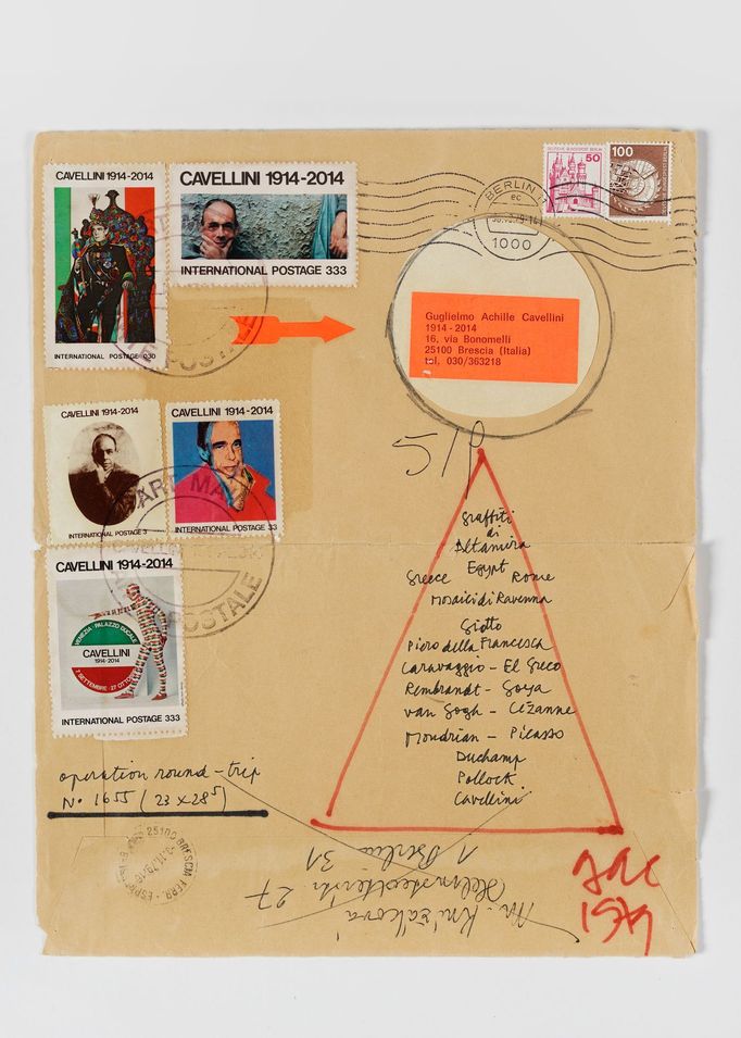 Achille Cavellini (1914-1990): Envelope, 1979, stamps on paper, 28,8 × 22,8 cm.