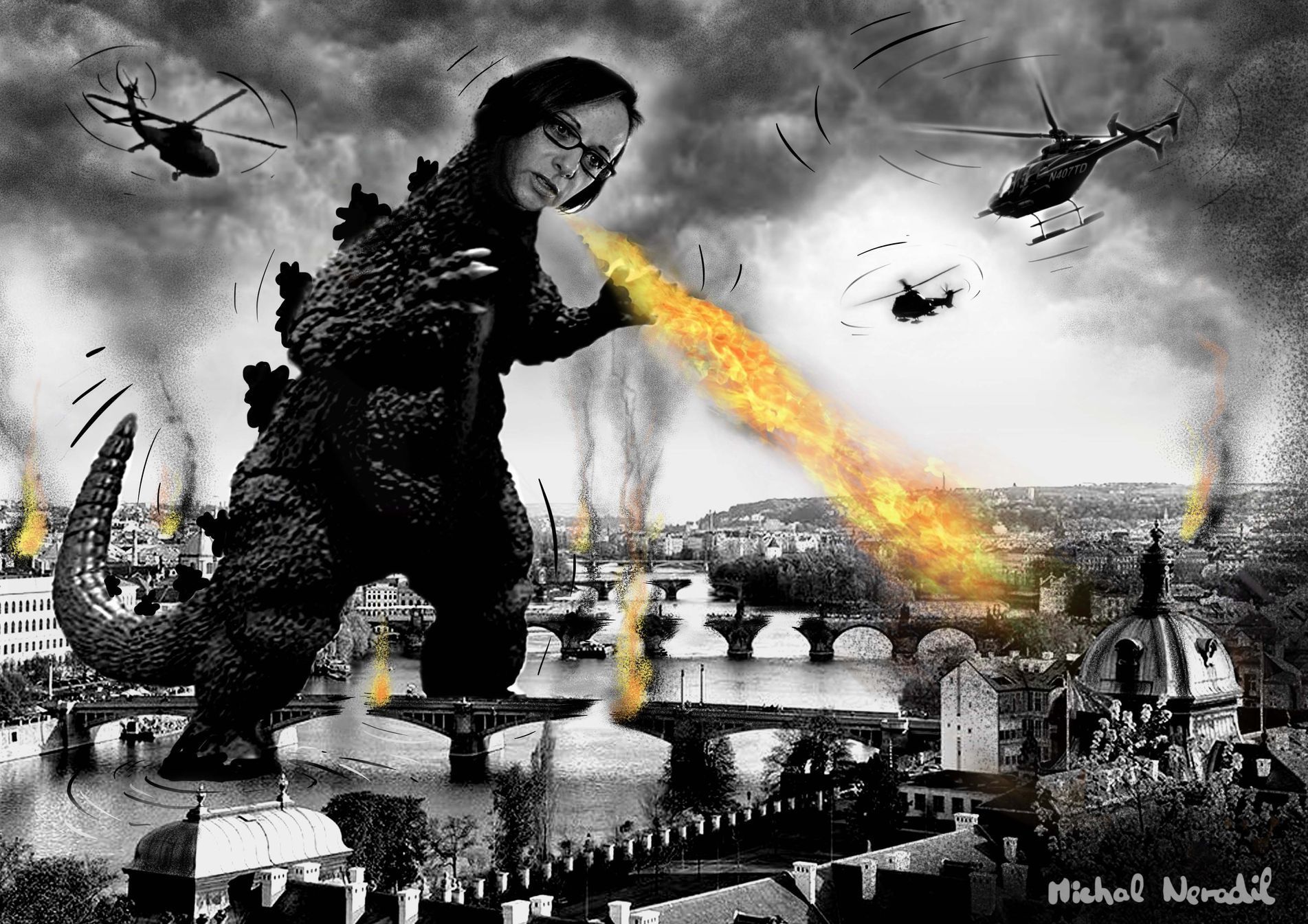 Krnáčová Godzilla most kresba