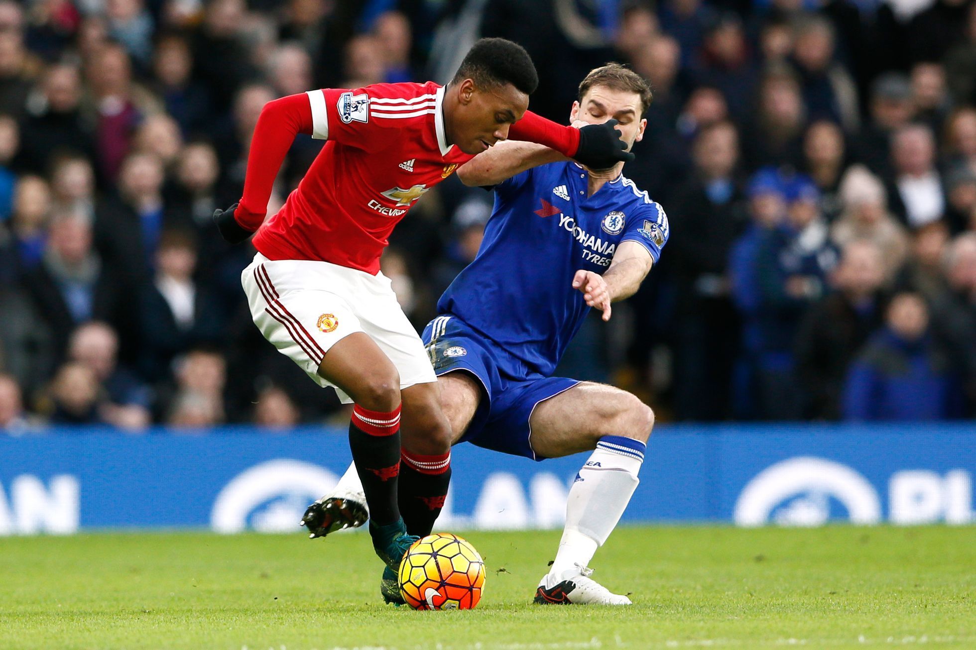 Chelsea's Branislav Ivanovic in action with Manchester United's Anthony Martial