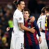 Paris St Germain's Zlatan Ibrahimovic embraces Barcelona's Lionel Messi after their Champions League Group F soccer match at the Nou Camp stadium in Barcelona