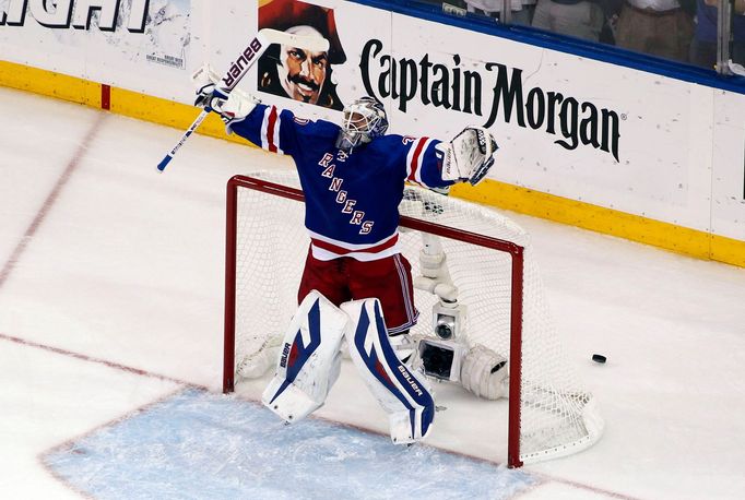 May 29, 2014; New York, NY, USA; New York Rangers goalie Henrik Lundqvist (30) celebrates beating the Montreal Canadiens 1-0 in game six of the Eastern Conference Final o