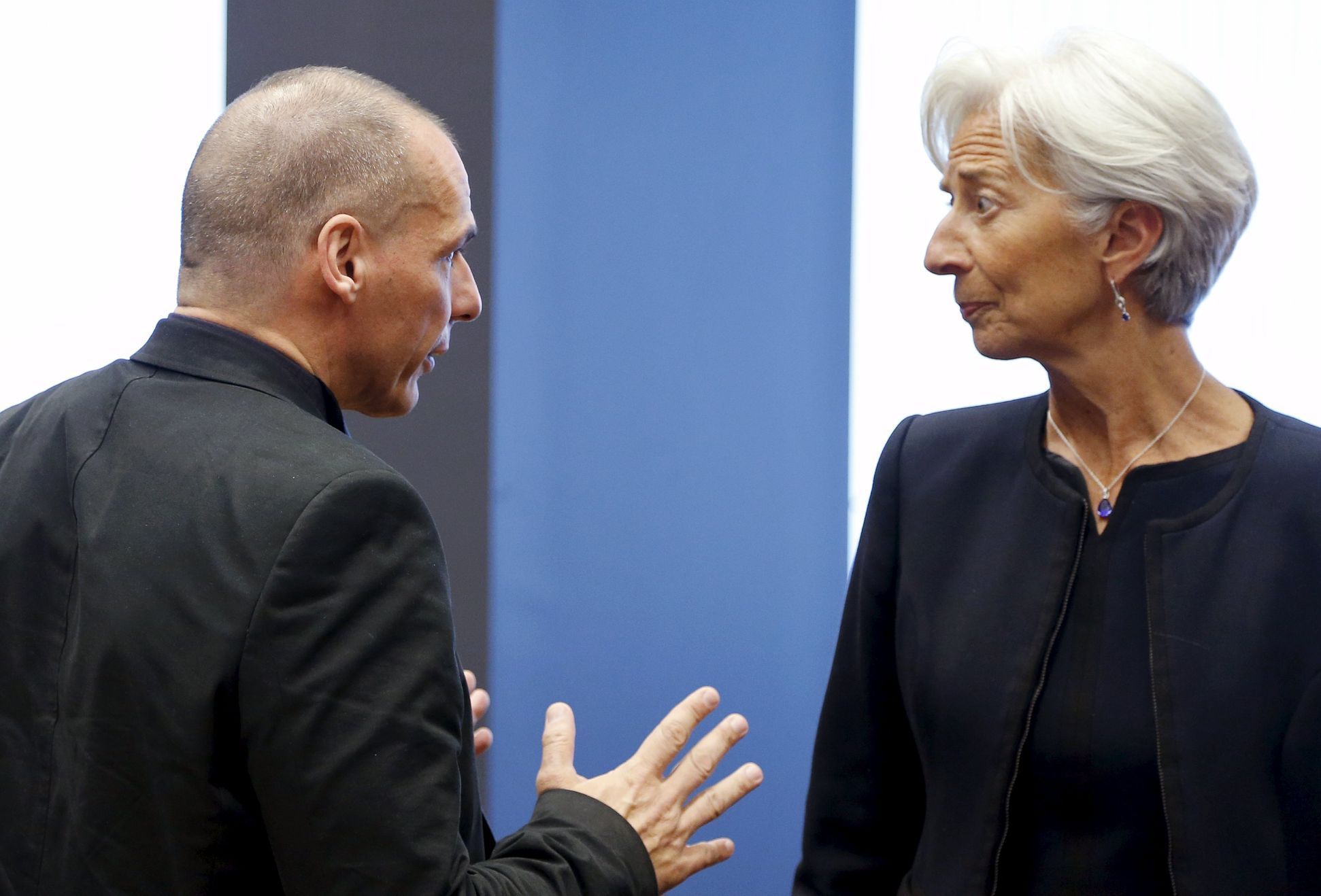 Greek Finance Minister Varoufakis talks to IMF Managing Director Lagarde during an euro zone finance ministers meeting in Luxembourg