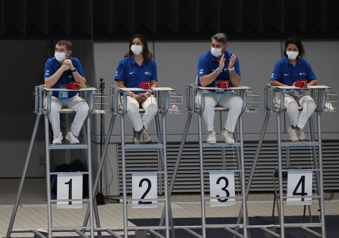 Diving - FINA Diving World Cup 2021 and Tokyo 2020 Olympics Aquatics Test Event - Tokyo Aquatics Centre, Tokyo, Japan - May 6, 2021 Judges wearing protective face masks d