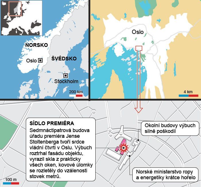 Oslo - výbuch - mapa