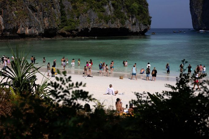 Thajská zátoka Maya Bay, kde turisté pozorují žraloky černoploutvé.