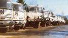 Autopark na základně Korenica-Borje. Na snímku vozy Liaz T-815. Nedatovaný snímek z dob působení armády ČR v ozbrojených složkách UNPROFOR na území bývalé Jugoslávie.