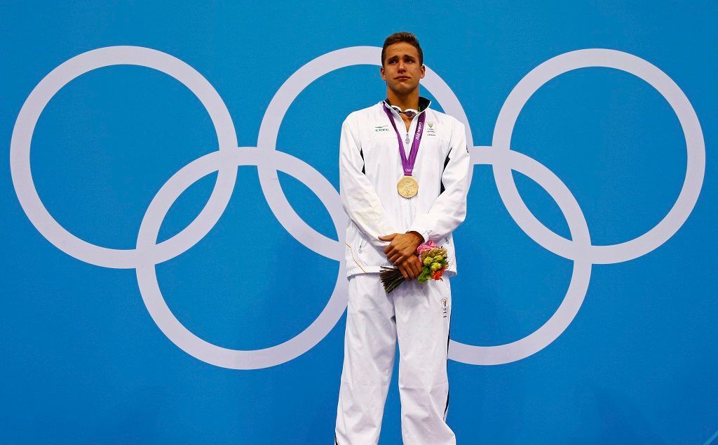 Jihoafrický plavec Chad le Clos, pláč medailistů na olympijských hrách v Londýně 2012