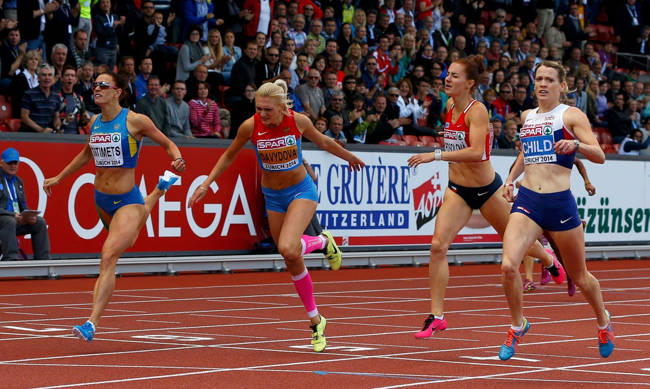 ME v atletice 2014, 400 m př.: Anna Titimeocová, Irina Davydovová, Elidh Childová a Denisa Rosolová